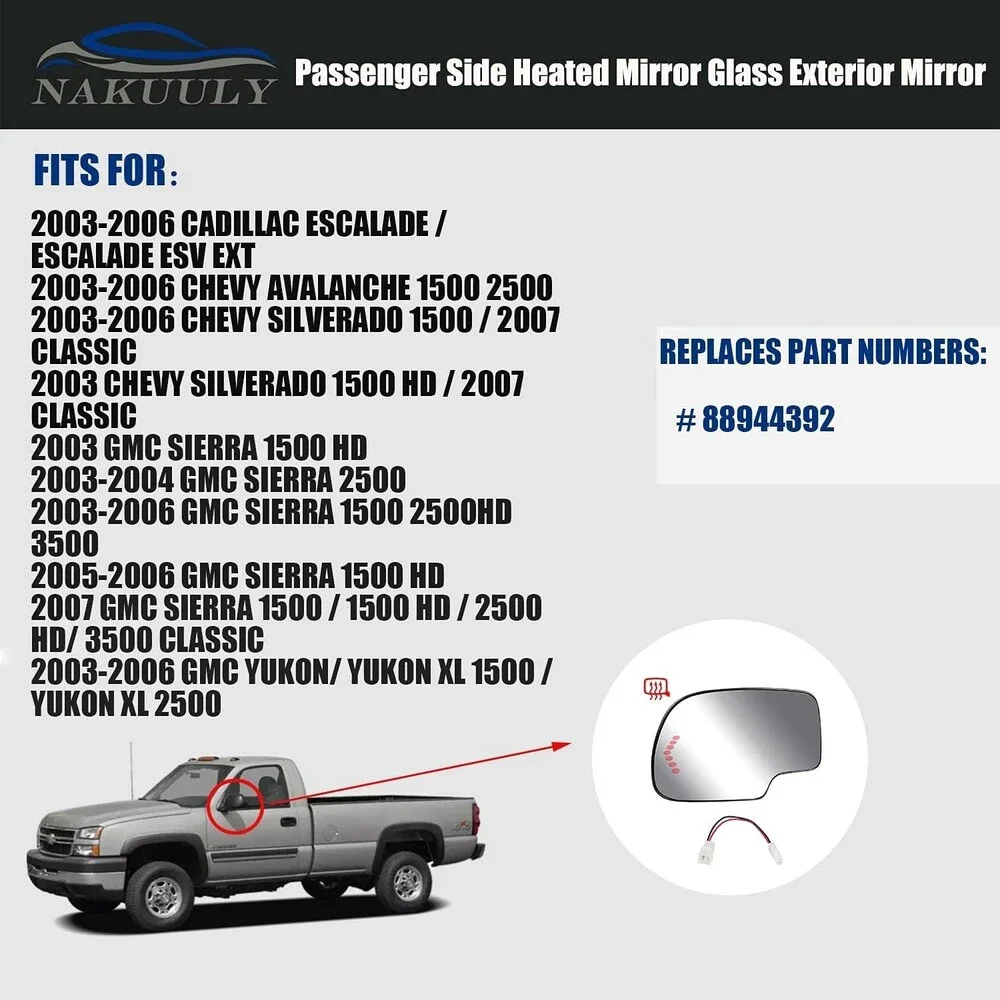 Passenger Side Heated Mirror Glass Compatible with 2003-2007 Chevy Silverado